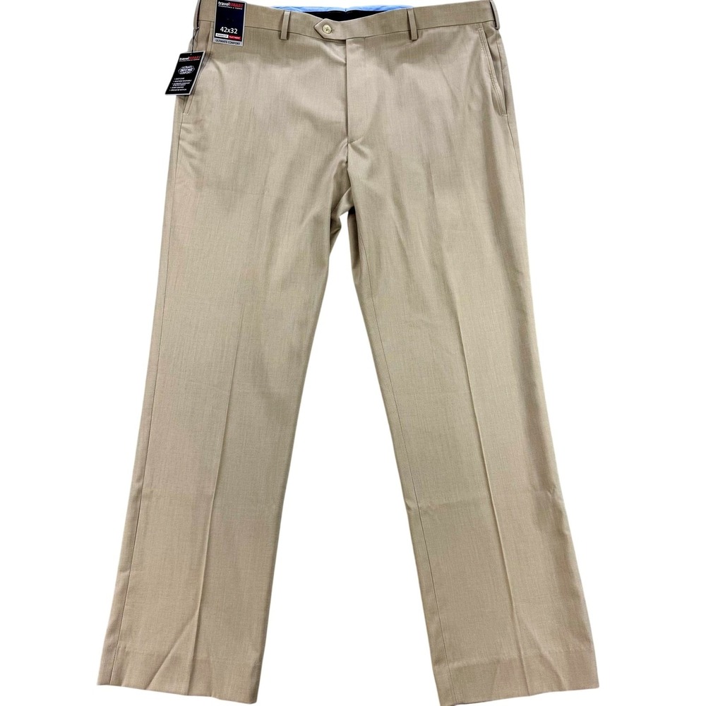 Roundtree & Yorke TravelSMART Dress Pants Mens 42x32 Beige Flat Front NEW $70